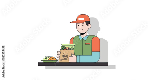 Flat vector illustration of a male food delivery worker in uniform with a takeout bag.