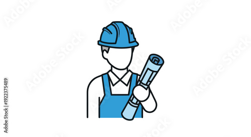 Simple illustration of a construction worker in a blue hard hat and overalls holding a blueprint.