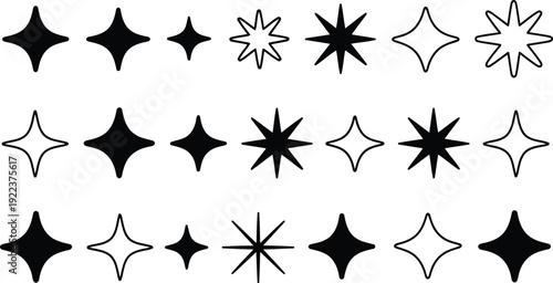 An ordered assortment of black and white star and sparkle symbols with different point counts across three rows