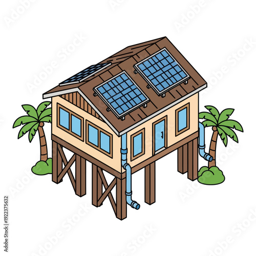 Stilt House with Solar Panels Illustration.
