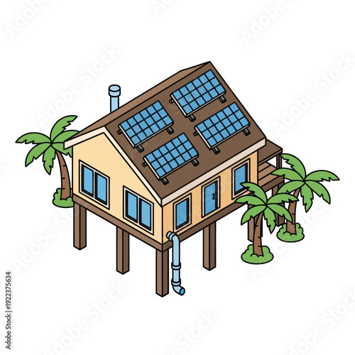 Stilt House with Solar Panels on Roof.
