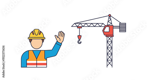Cartoon Construction Worker Waving Near Tower Crane.
