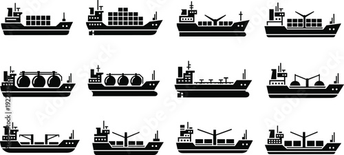Set of black silhouette cargo container ships, tanker vessels, bulk carriers, freighters with wind turbines, marine freight, maritime transport icons vector