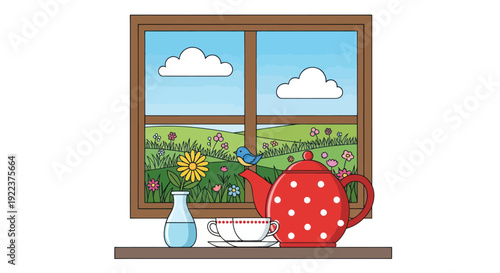 Cartoon Red Polka Dot Teapot and Cups on Window Sill.