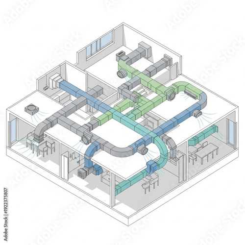 Isometric illustration of an office building's ventilation system.