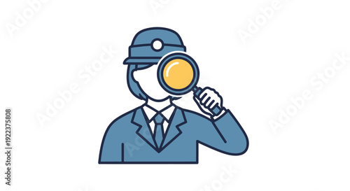 A female detective in a blue suit and hat investigating with a magnifying glass.