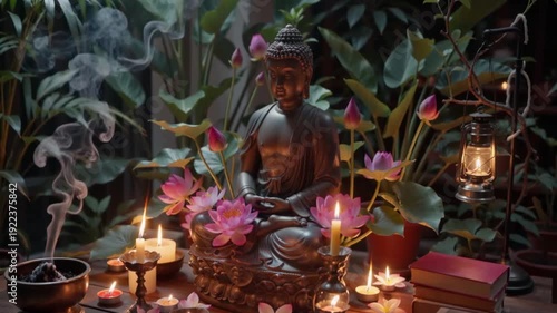 Meditating bronze Buddha statue surrounded by pink lotus flowers, burning candles, and incense smoke in a tranquil indoor garden.