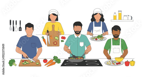 Diverse Group of People Cooking and Preparing Food Together.