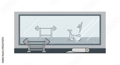 A modern gym interior with a large mirror reflecting a barbell rack and an exercise bike.