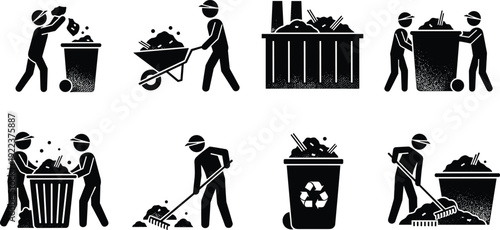Black silhouette set of workers collecting garbage, using wheelbarrows, raking waste, and recycling bins isolated on white background for sanitation services.