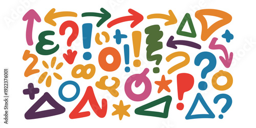 Colorful symbols and shapes on white background arrows question marks