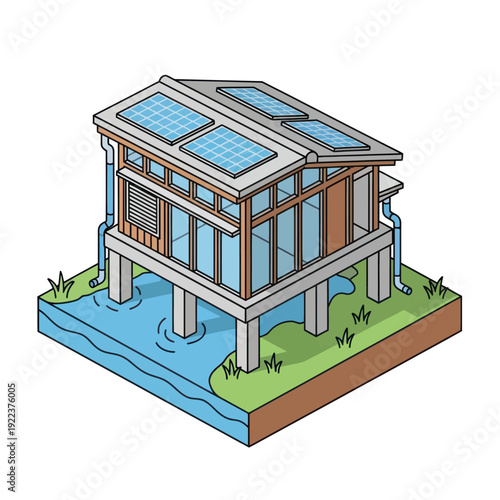 Modern House Elevated on Pillars with Solar Panels.