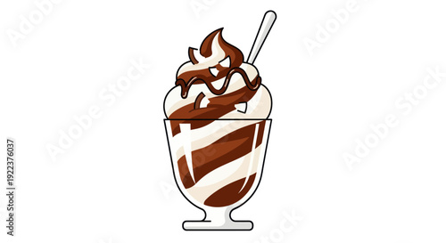Delicious Chocolate Swirl Ice Cream Sundae with Spoon in Glass Cup.