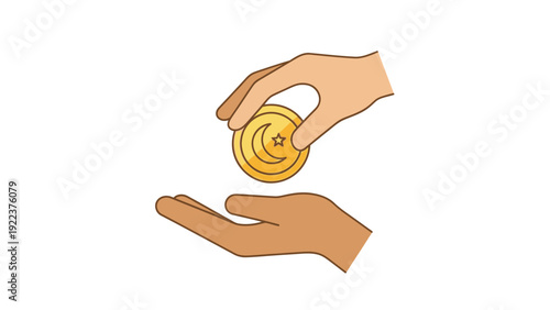 Hands passing a gold coin.