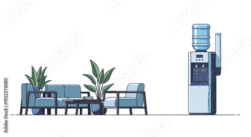 Modern Office Waiting Area with Water Cooler and Seating.