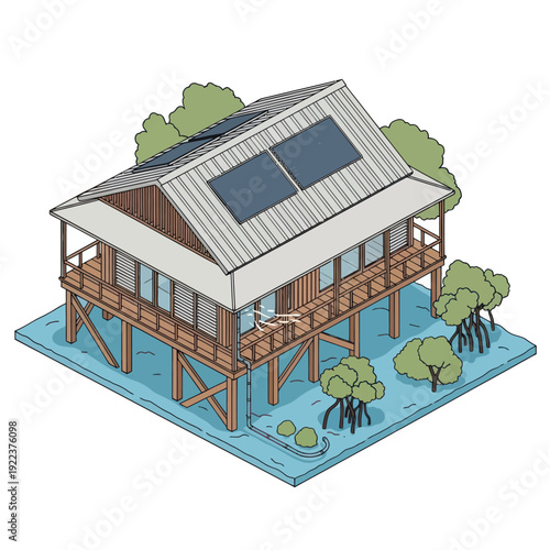 Stilt House with Solar Panels Illustration.
