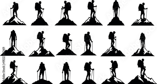 Black Hiking Silhouette Vector Set Featuring Mountain Climbers with Backpacks and Trekking Poles Standing on Peaks for Adventure Travel Design