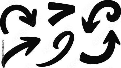 Assortment of expressive black hand drawn arrow icons pointing in various paths and turns