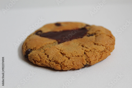 One chocolate soft cookie, melted chocolate, isolated on white background