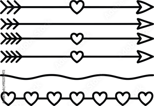 Black outlined heart arrows and a wavy line border set on a clean white background for decoration