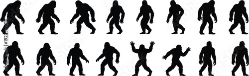 Bigfoot Sasquatch silhouette icons with cryptid character poses and animation sequence theme - black vector illustration set