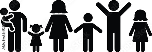 Family silhouette icons with father holding baby, mother and children standing together, happy parenting and family unity concept isolated on white background