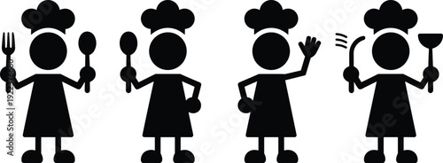 Female chef stick figure icons holding fork, spoon and cooking utensils, restaurant and culinary profession concept isolated on white background illustration set