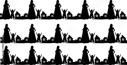 Seamless Black Silhouette Pattern of Mothers and Children Standing in Front of Small Houses Representing Family Life and Neighborhood Community Bonds