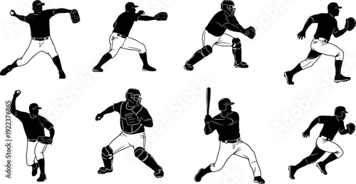 Set of black and white baseball player silhouettes including pitcher throwing ball catcher behind plate batter swinging and runner sprinting