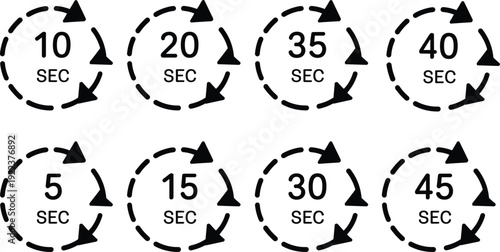 Set of circular timer icons with rotating arrows showing different seconds, countdown symbols, time intervals, stopwatch concept, timing marks