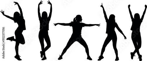 Set of five expressive female silhouettes dancing and celebrating in various energetic poses isolated on a plain white background vector
