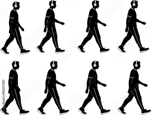 Silhouette Man Walking Cycle Animation Frames Wearing Headphones Listening to Music in Casual Sporty Clothing Isolated on White Background
