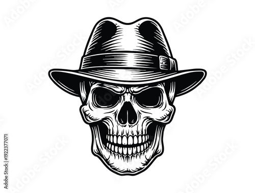 Detailed black and white skull wearing a classic fedora hat.