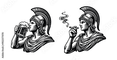 Roman soldier characters drinking a beer and smoking a cigar.