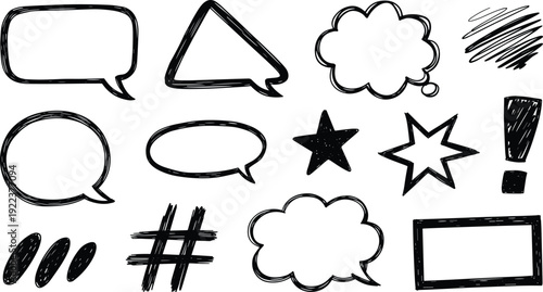 Hand drawn speech bubbles and doodle design elements set with stars, hashtag, exclamation mark and sketch shapes isolated on white background illustration