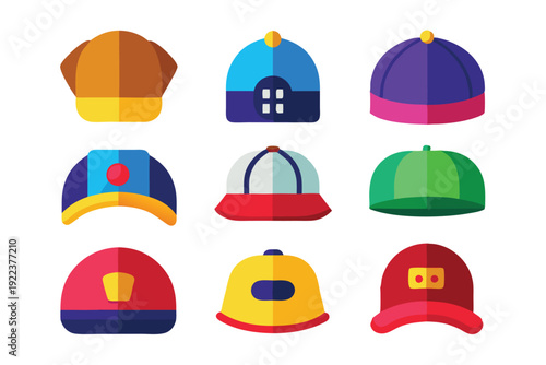 hats and caps flat color icons set vector on white background