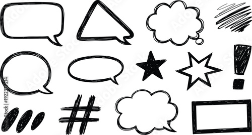 Hand drawn speech bubbles and doodle elements set including stars, hashtag, exclamation mark and sketch shapes isolated on white background vector illustration