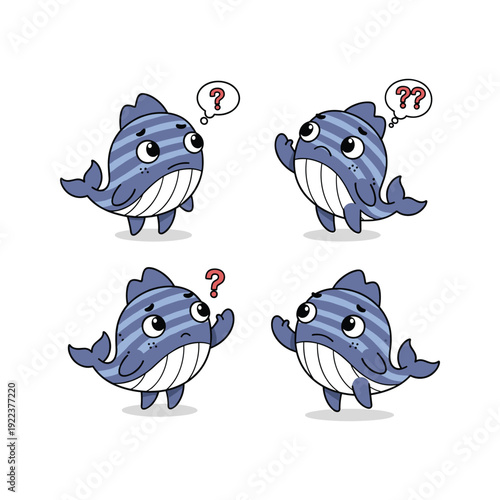Cartoon shark with question marks in thought bubbles confused puzzled