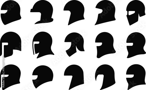 Collection of ancient warrior helmet silhouettes showing various side profiles on white