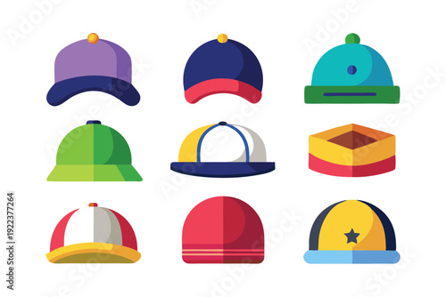 hats and caps flat color icons set vector on white background