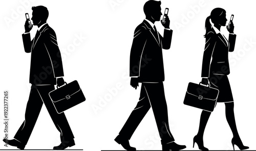 Successful business people walking with briefcases and talking on vintage mobile flip phones in professional black and white silhouette style.