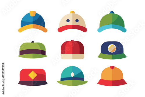 hats and caps flat color icons set vector on white background