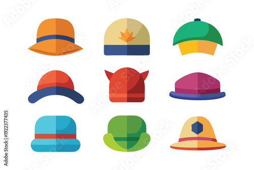 hats and caps flat color icons set vector on white background