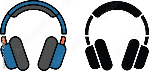 Headphone illustration featuring colorful design with blue ear cups, orange accents, and black silhouette version symbolizing audio, music, sound, technology, and modern graphic elements