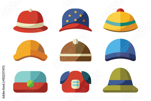 hats and caps flat color icons set vector on white background