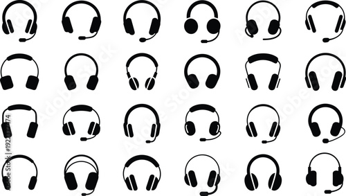 Headphone and headset silhouette illustration featuring diverse audio equipment designs including over‑ear headphones, on‑ear headsets, and microphone variations for music, gaming, and communication g