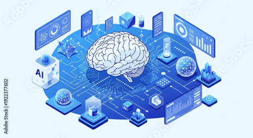 Brain surrounded by ai technology and data analysis icons