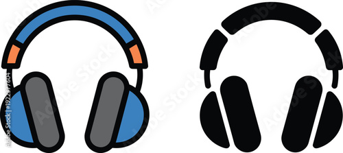 Headphone illustration featuring colorful design with blue ear cups, orange accents, and black silhouette version symbolizing audio, music, sound, technology, and modern graphic elements