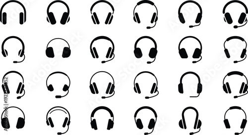 Headset and headphone silhouette illustration featuring diverse audio equipment designs including over‑ear headphones, microphone headsets, and ear cup variations for music, gaming, and communication 