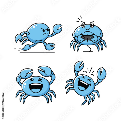 Cartoon blue crabs expressing different emotions with exaggerated facial expressions